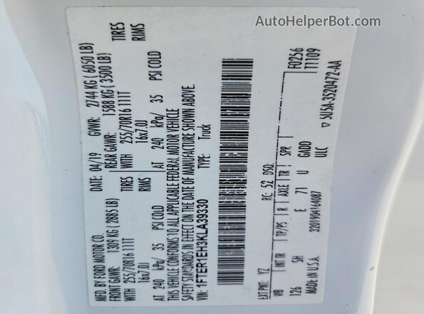 1FTER1EH3KLA39330 2019 FORD RANGER White VIN კოდის სტიკერის ხედი