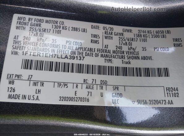 1FTER1EH7LLA39137 2020 FORD RANGER Gray Engine compartment view