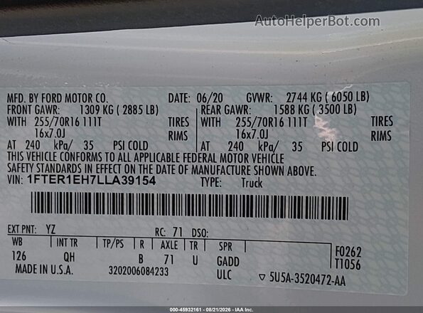 1FTER1EH7LLA39154 2020 FORD RANGER White Вид підкапотного простору