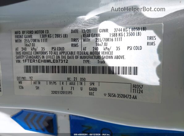 1FTER1EH8MLE07312 2021 FORD RANGER Белый Вид подкапотного пространства