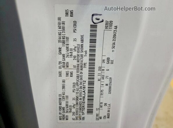 1FTER1EH9LLA18712 2020 FORD RANGER White ძრავის განყოფილების ხედი
