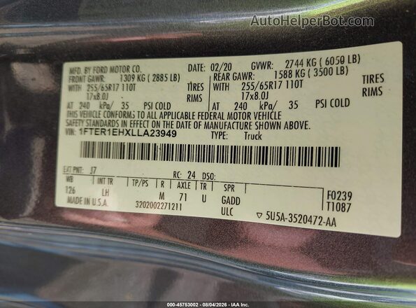 1FTER1EHXLLA23949 2020 FORD RANGER Gray Вид підкапотного простору