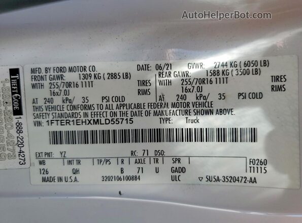 1FTER1EHXMLD55715 2021 FORD RANGER Белый Вид подкапотного пространства