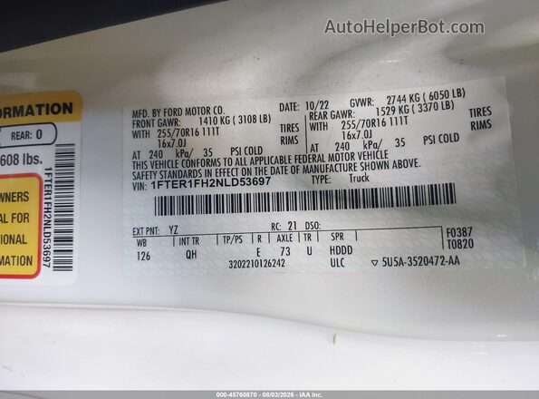 1FTER1FH2NLD53697 2022 FORD RANGER White Вид підкапотного простору