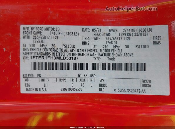 1FTER1FH3MLD53187 2021 FORD RANGER Red Widok komory silnika