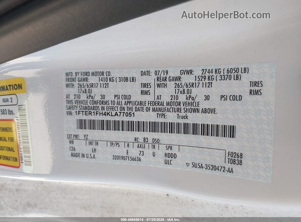 1FTER1FH4KLA77051 2019 FORD RANGER White Շարժիչի բաժամունքի տեսք