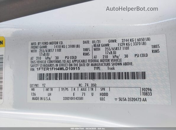 1FTER1FH4MLD10915 2021 FORD RANGER White ძრავის განყოფილების ხედი