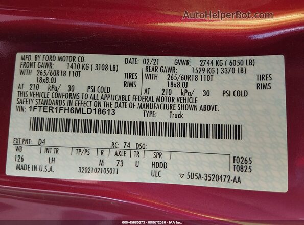 1FTER1FH6MLD18613 2021 FORD RANGER Red Շարժիչի բաժամունքի տեսք
