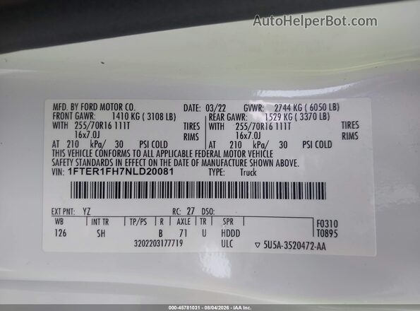 1FTER1FH7NLD20081 2022 FORD RANGER White Вид підкапотного простору