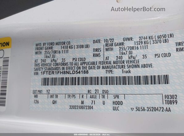 1FTER1FH8NLD54188 2022 FORD RANGER White Vista del compartimento del motor