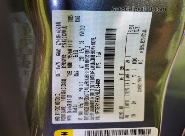 1FTER1FHXNLD34489 2022 FORD RANGER Gray Вид наклейки з VIN-кодом