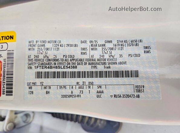 1FTER4BH8SLE54388 2025 FORD RANGER White Вид наклейки з VIN-кодом
