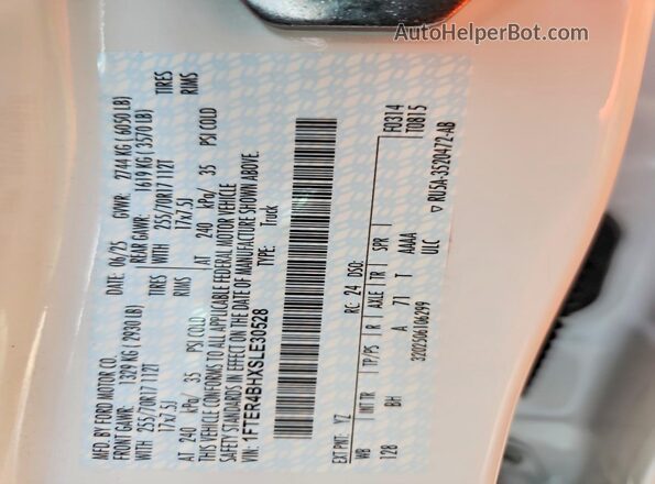 1FTER4BHXSLE30528 2025 FORD RANGER White VIN კოდის სტიკერის ხედი