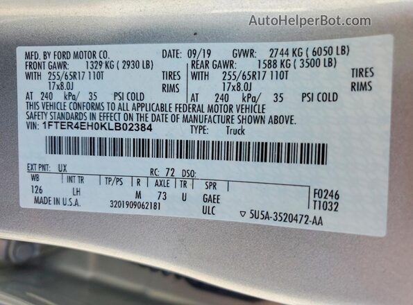 1FTER4EH0KLB02384 2019 FORD RANGER Silver Widok komory silnika