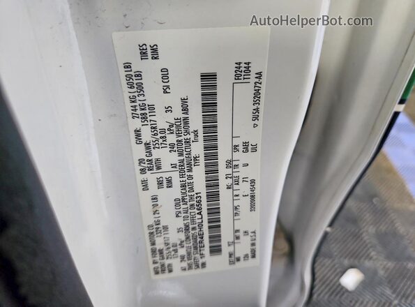 1FTER4EH0LLA65631 2020 FORD RANGER White Widok naklejki z numerem VIN