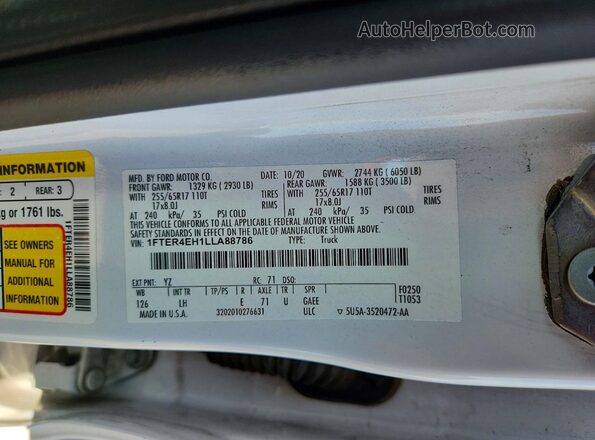 1FTER4EH1LLA88786 2020 FORD RANGER White Widok komory silnika