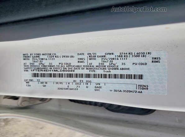 1FTER4EH1MLD80049 2021 FORD RANGER White Widok komory silnika