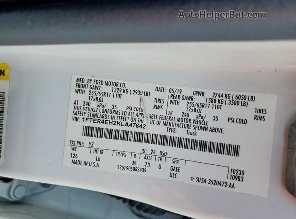 1FTER4EH2KLA47842 2019 FORD RANGER White Widok naklejki z numerem VIN