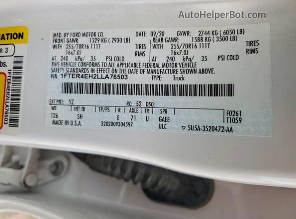 1FTER4EH2LLA76503 2020 FORD RANGER Белый Вид подкапотного пространства