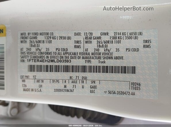 1FTER4EH2MLD03593 2021 FORD RANGER White ძრავის განყოფილების ხედი