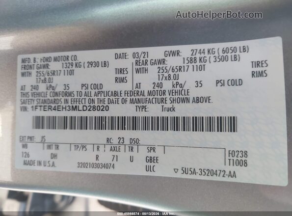 1FTER4EH3MLD28020 2021 FORD RANGER Silver Widok komory silnika