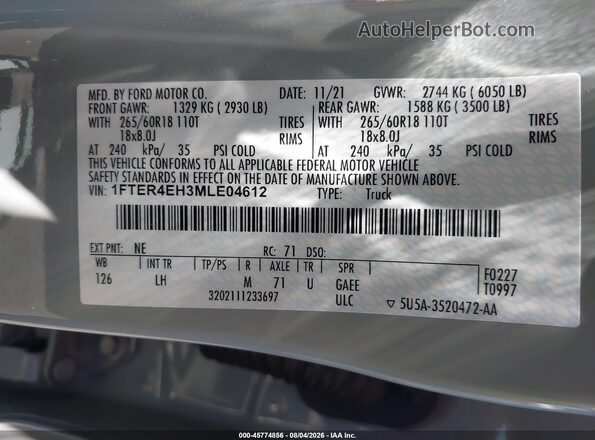 1FTER4EH3MLE04612 2021 FORD RANGER Gray ძრავის განყოფილების ხედი