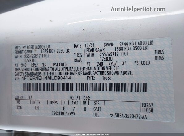 1FTER4EH4MLD90414 2021 FORD RANGER White Engine compartment view