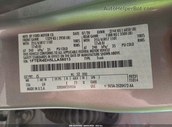 1FTER4EH5LLA58013 2020 FORD RANGER Silver ძრავის განყოფილების ხედი