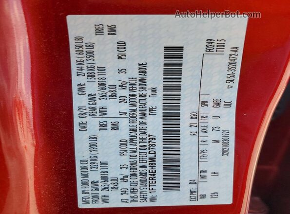 1FTER4EH8MLD78797 2021 FORD RANGER Red Vista de la etiqueta del VIN