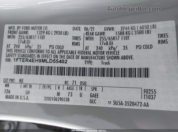 1FTER4EH9MLD55402 2021 FORD RANGER Серый Вид подкапотного пространства