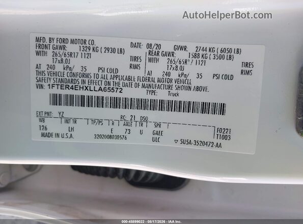 1FTER4EHXLLA65572 2020 FORD RANGER White ძრავის განყოფილების ხედი