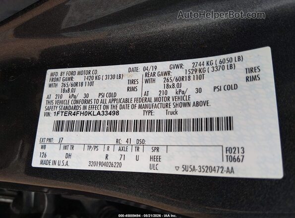 1FTER4FH0KLA33498 2019 FORD RANGER Gray Widok komory silnika