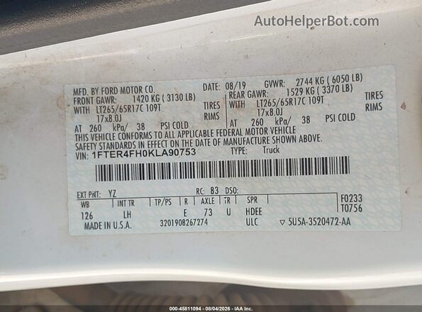 1FTER4FH0KLA90753 2019 FORD RANGER White Widok komory silnika
