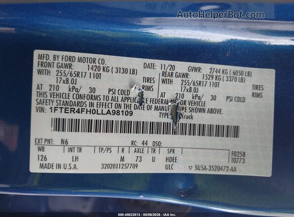 1FTER4FH0LLA98109 2020 FORD RANGER Blue Widok komory silnika