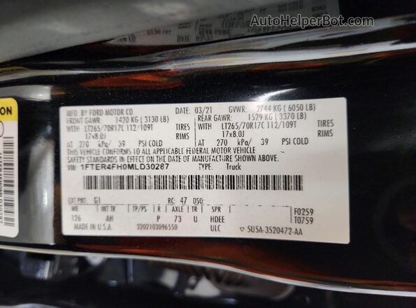 1FTER4FH0MLD30287 2021 FORD RANGER Black VIN կոդի պիտակի տեսք