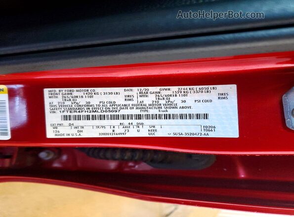 1FTER4FH2MLD05097 2021 FORD RANGER Red VIN კოდის სტიკერის ხედი