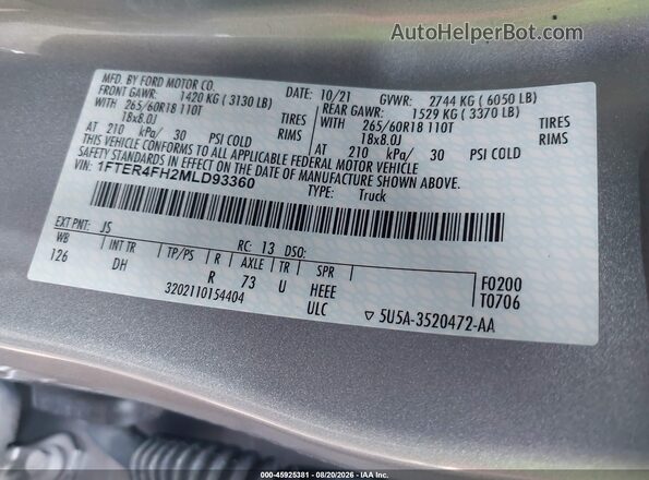 1FTER4FH2MLD93360 2021 FORD RANGER Silver Widok komory silnika