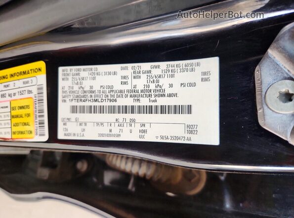 1FTER4FH3MLD17906 2021 FORD RANGER Black Vista de la etiqueta del VIN