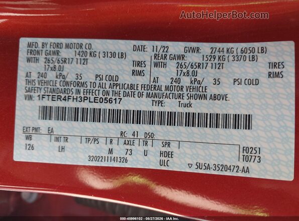 1FTER4FH3PLE05617 2023 FORD RANGER Red Vista del compartimento del motor