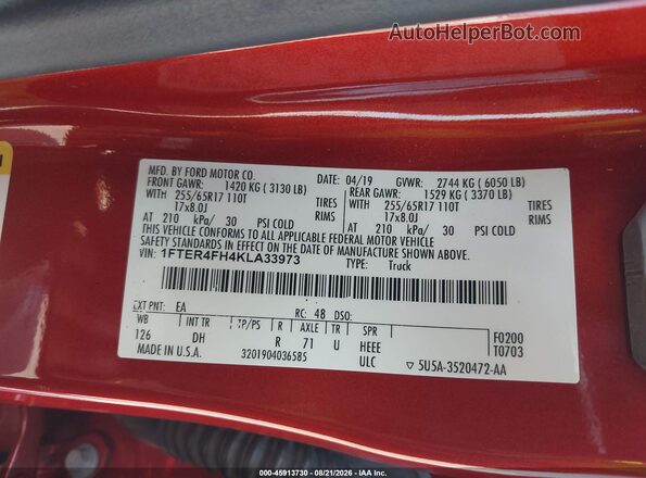 1FTER4FH4KLA33973 2019 FORD RANGER Red Вид підкапотного простору