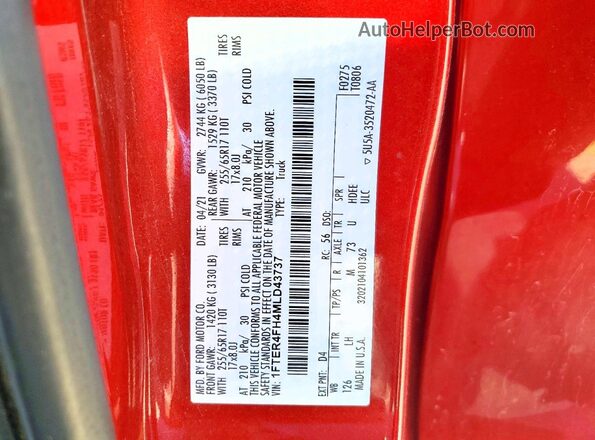 1FTER4FH4MLD43737 2021 FORD RANGER Red ძრავის განყოფილების ხედი