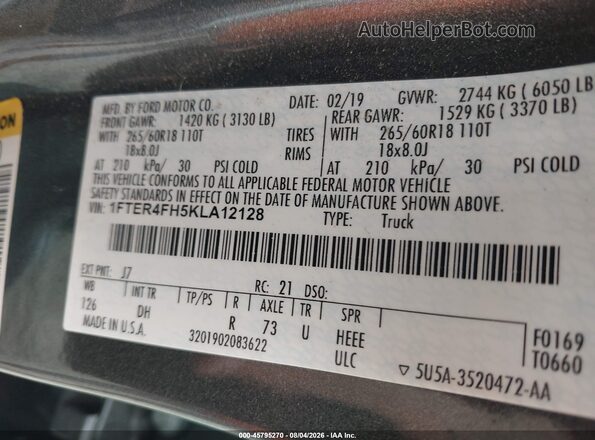 1FTER4FH5KLA12128 2019 FORD RANGER Gray Вид підкапотного простору