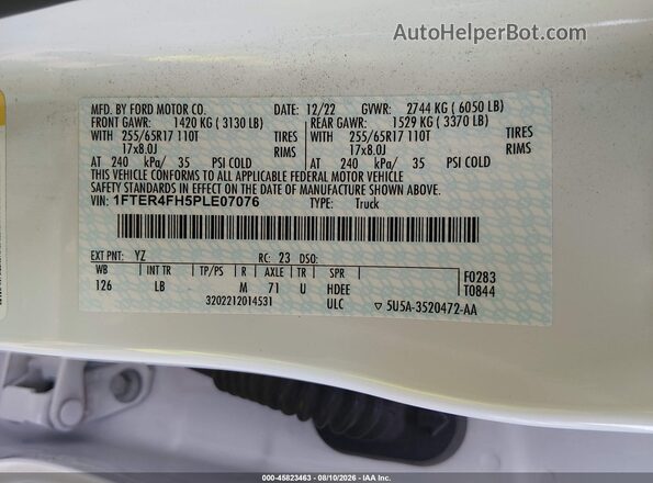 1FTER4FH5PLE07076 2023 FORD RANGER White Vista del compartimento del motor