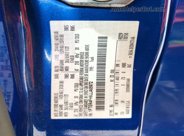 1FTER4FH6LLA65972 2020 FORD RANGER Blue Vista del compartimento del motor