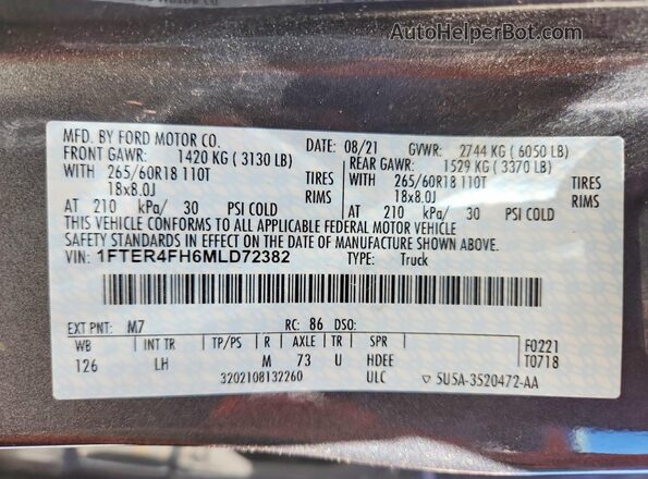 1FTER4FH6MLD72382 2021 FORD RANGER Серый Вид наклейки с VIN-кодом