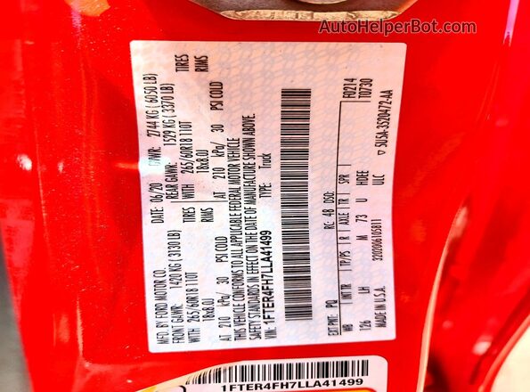 1FTER4FH7LLA41499 2020 FORD RANGER Красный Вид подкапотного пространства