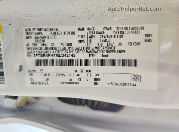 1FTER4FH7MLD42145 2021 FORD RANGER Белый Вид подкапотного пространства