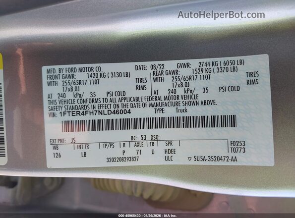 1FTER4FH7NLD46004 2022 FORD RANGER Silver Շարժիչի բաժամունքի տեսք