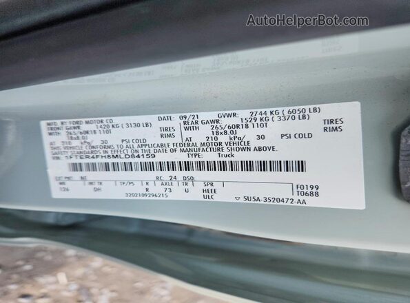 1FTER4FH8MLD84159 2021 FORD RANGER Gray Вид наклейки з VIN-кодом
