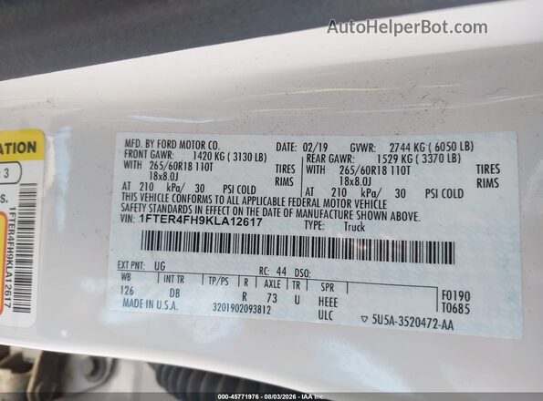 1FTER4FH9KLA12617 2019 FORD RANGER White Engine compartment view